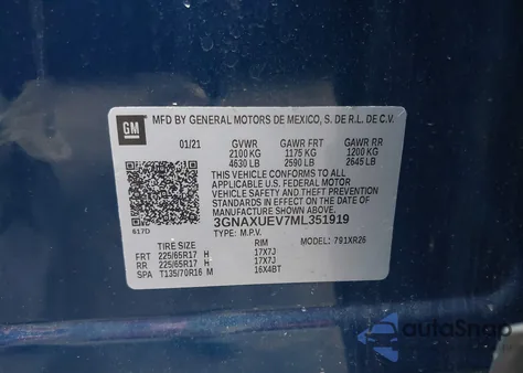 2021 Chevrolet Equinox Awd Lt z USA, uszkodzony, nr VIN 3GNAXUEV7ML351919